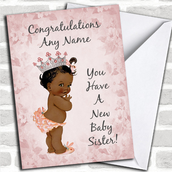 Pink Vintage Baby New Baby Sister Black Girl Personalized Sibling Card