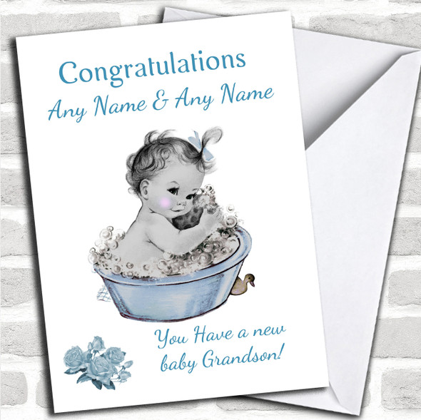 Cute Vintage Blue Baby Boy Grandson Personalized Sibling Card