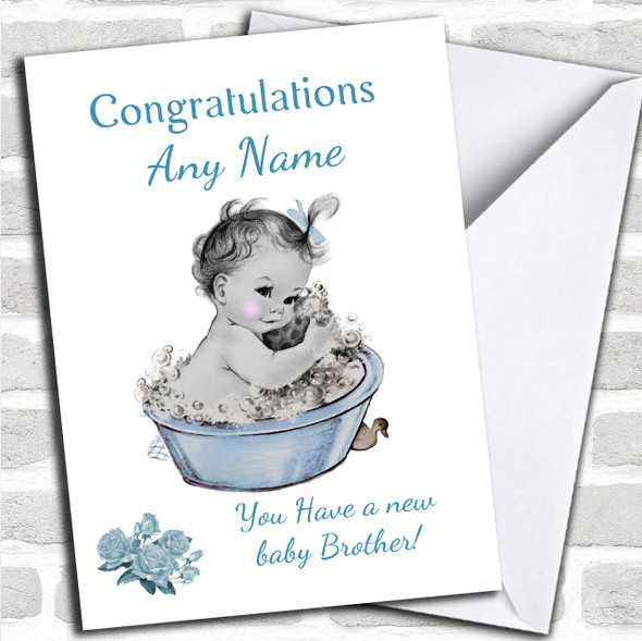 Cute Vintage Blue Baby Boy Brother Personalized Sibling Card