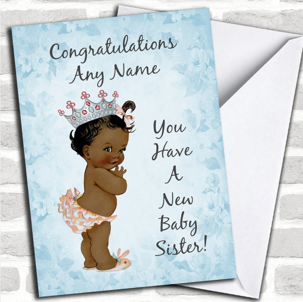 Blue Vintage Baby New Baby Sister Black Girl Personalized Sibling Card