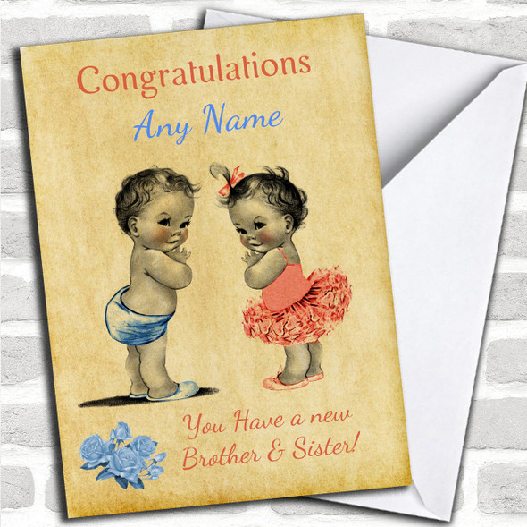 You Have Twin Brother & Sister Vintage Personalized New Baby Card