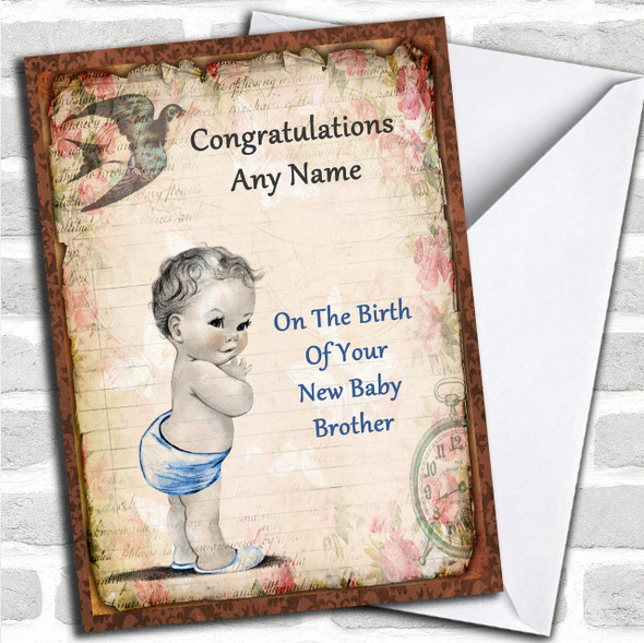 Vintage Baby Boy Brother Personalized New Baby Card