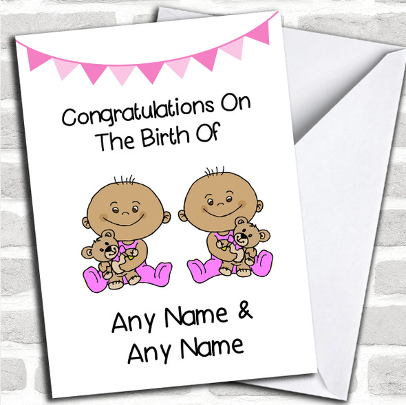 Arrival Baby Girl Twin Daughters Brown Skinned Personalized New Baby Card