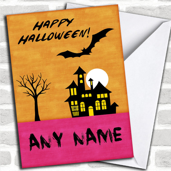 Orange Horror House Personalized Halloween Card