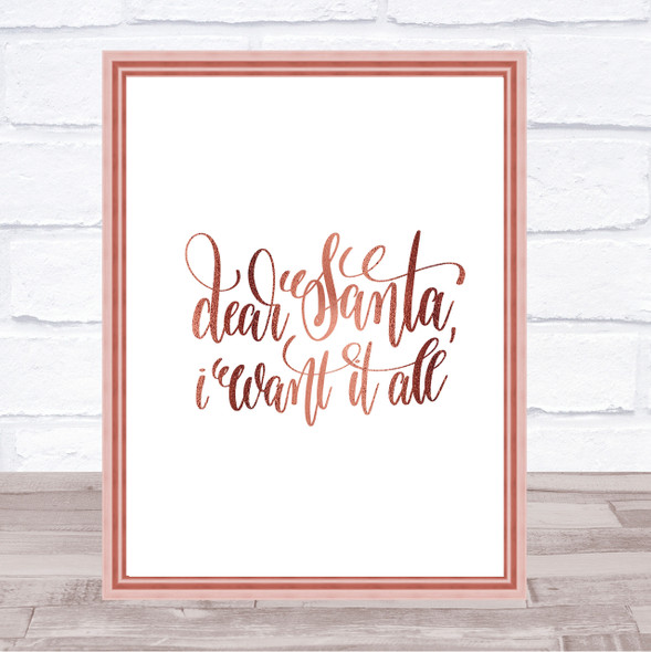 Christmas I Want It All Quote Print Poster Rose Gold Wall Art