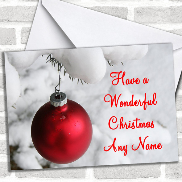 Red Xmas Bauble & Snow Personalized Christmas Card