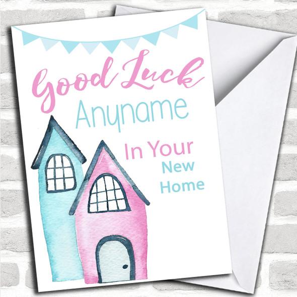 Good Luck Pretty Blue Pink House New Home Personalized Good Luck Card