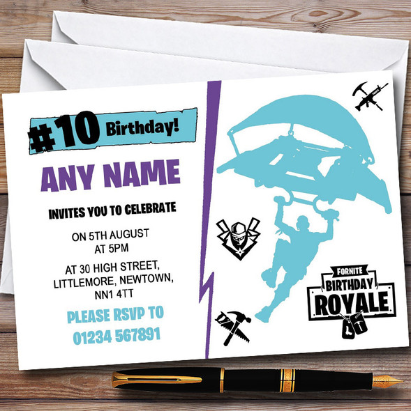 Fortnite White Purple Blue Personalized Children's Birthday Party Invitations