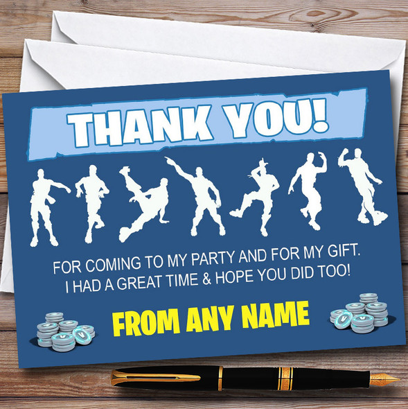 Blue Boys Fortnite Dances Personalized Children's Birthday Party Thank You Cards