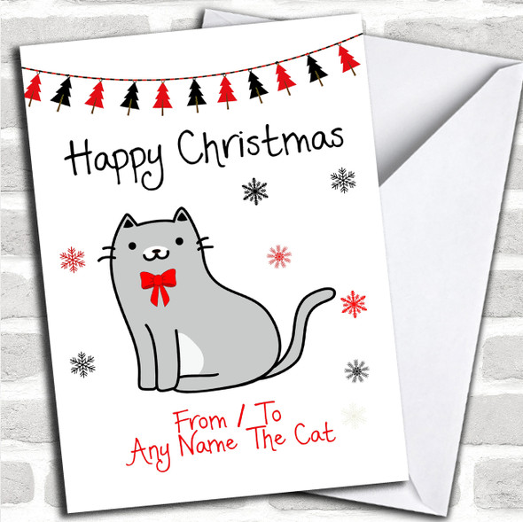 Grey & White From Or To The Cat Pet Personalized Christmas Card