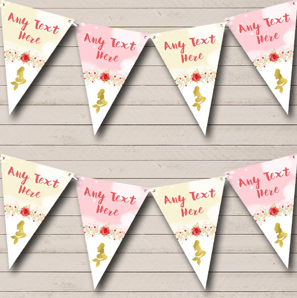 Deep Coral Pink Gold Mermaid Personalized Childrens Party Bunting Flag Banner