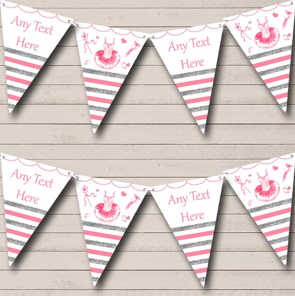 Silver & Pink Stripes Ballerina Ballet Personalized Baby Shower Bunting Flag Banner