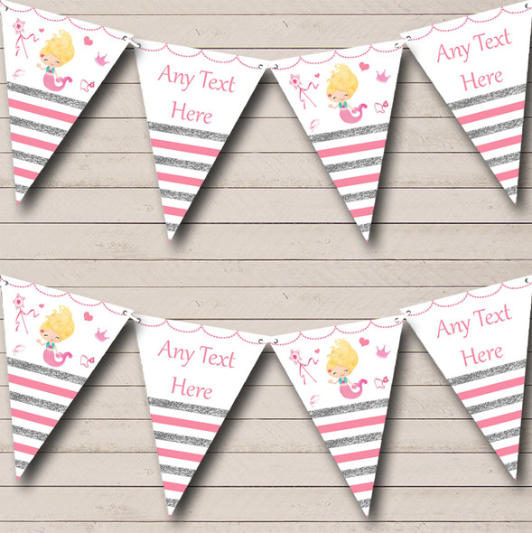 Silver & Pink Stripes Mermaid Personalized Baby Shower Bunting Flag Banner