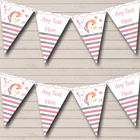 Silver & Pink Stripes Unicorn Personalized Childrens Party Bunting Flag Banner