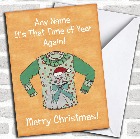 Cat Jumper Orange Personalized Christmas Card