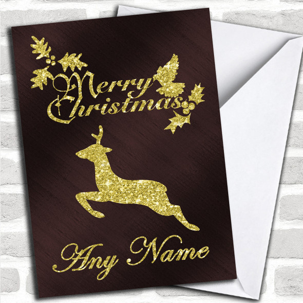 Brown & Gold Flying Reindeer Personalized Christmas Card