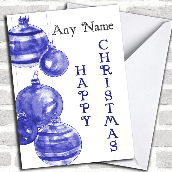 Blue Watercolour Baubles Personalized Christmas Card