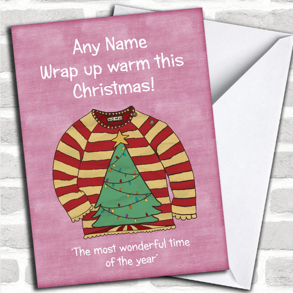 Xmas Tree Jumper Pink Personalized Christmas Card