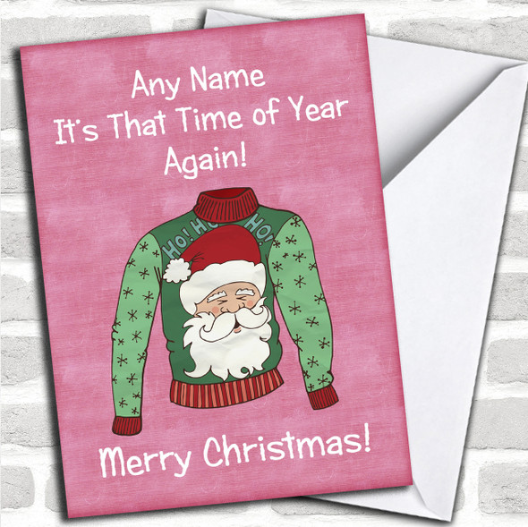 Santa Jumper Pink Personalized Christmas Card