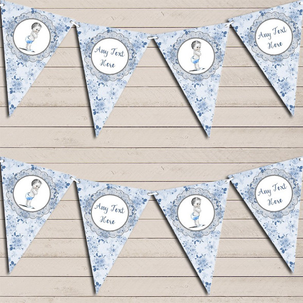 Floral Shabby Chic Vintage Baby Boy Blue Personalized Christening Bunting