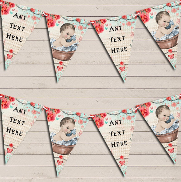 Vintage Shabby Chic Floral Light Skinned Boy Personalized Christening Bunting