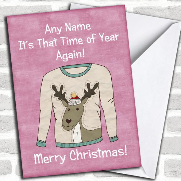 Reindeer Jumper Pink Personalized Christmas Card