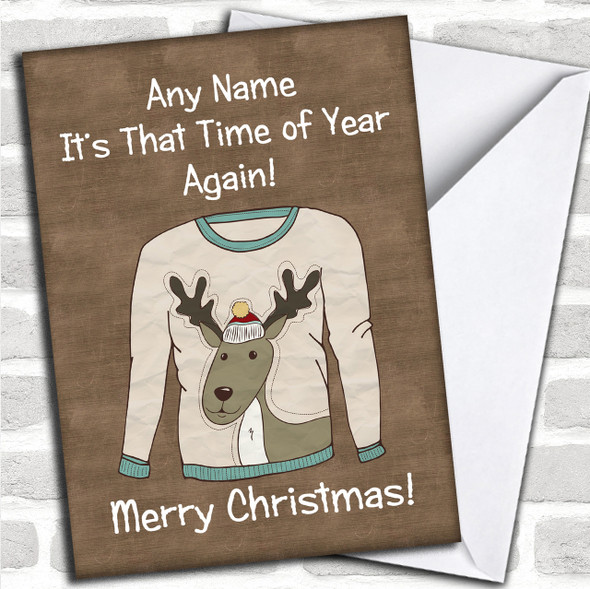 Reindeer Jumper Brown Personalized Christmas Card