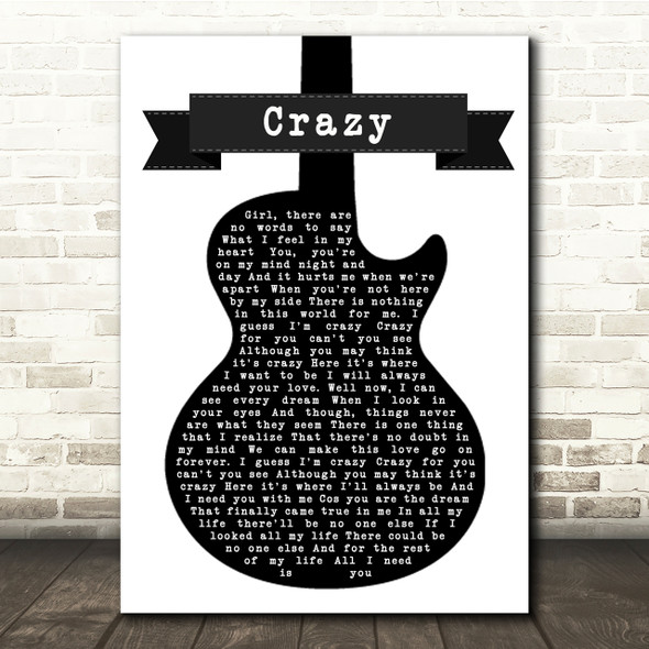 Kenny Rogers Crazy Black & White Guitar Song Lyric Quote Print