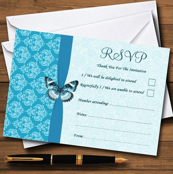 Tiffany Blue Turquoise Vintage Floral Damask Butterfly Personalized RSVP Cards