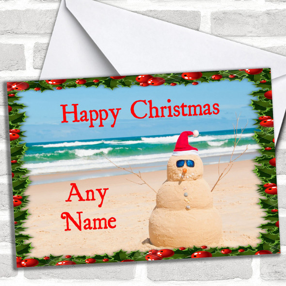 Funny Sandman On Beach Christmas Card Personalized