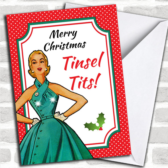 Funny Tinsel Tits Personalized Christmas Card