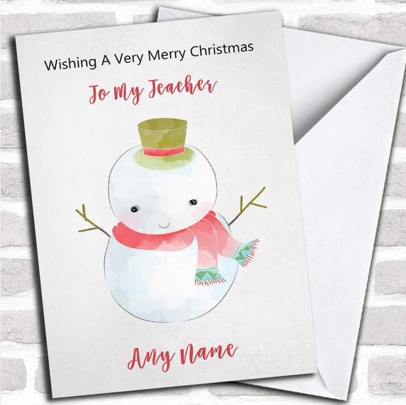 Teacher Doodle Watercolour Snowman Personalized Christmas Card