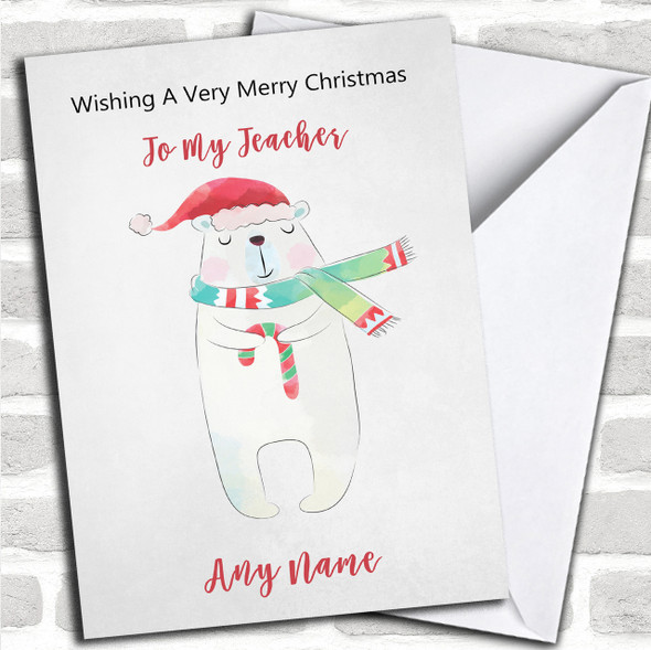 Teacher Doodle Watercolour Polar Bear Personalized Christmas Card