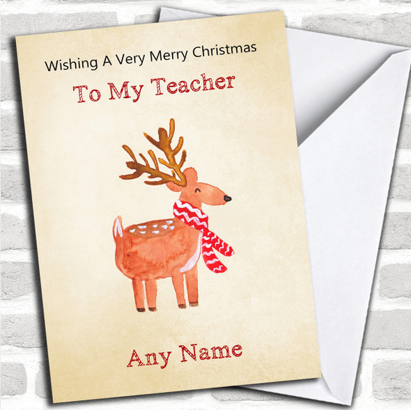 Teacher Cute Watercolour Reindeer Personalized Christmas Card