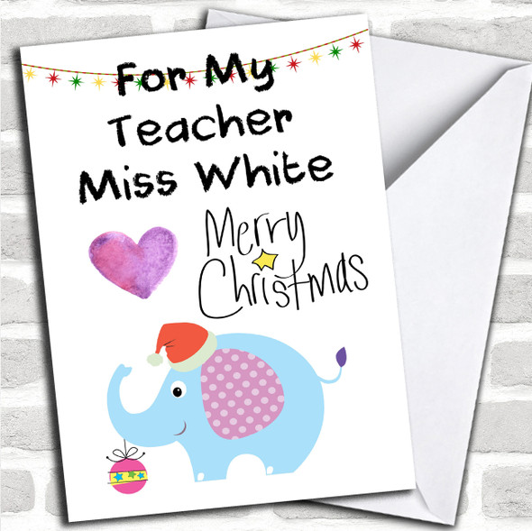 For My Teacher Blue Elephant Personalized Christmas Card