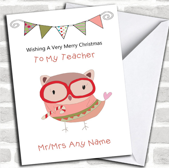 Doodle Owl Teacher Personalized Christmas Card