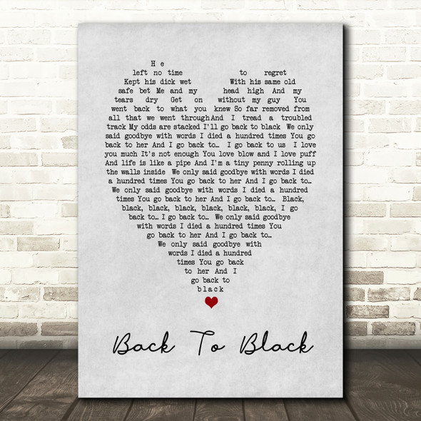 Back To Black Amy Winehouse Grey Heart Song Lyric Quote Print