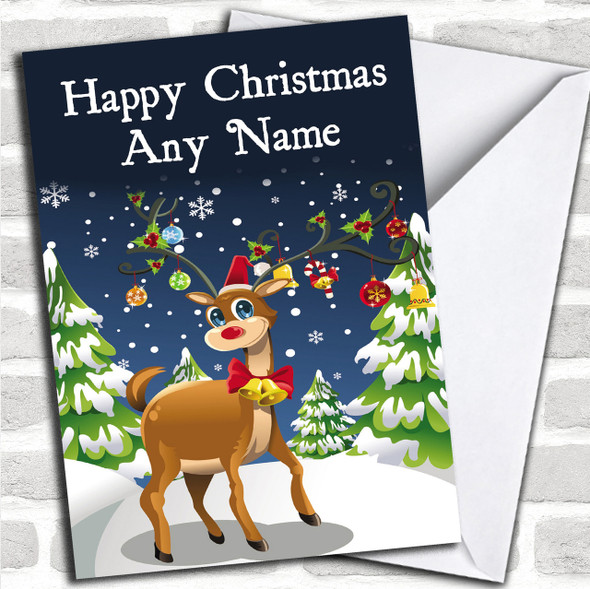 Blue Rudolph Christmas Card Personalized