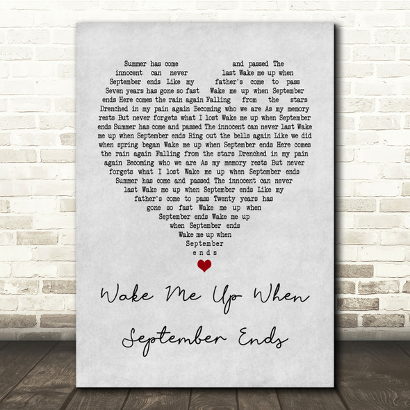 Green Day Wake Me Up When September Ends Grey Heart Song Lyric Quote Print