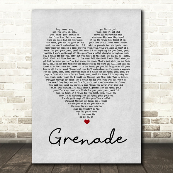 Grenade Bruno Mars Grey Heart Song Lyric Quote Print