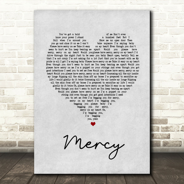 Shawn Mendes Mercy Grey Heart Song Lyric Quote Print