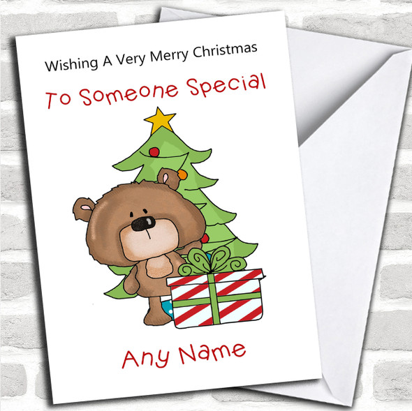 Cartoon Bear With Present & Tree Children's Personalized Christmas Card