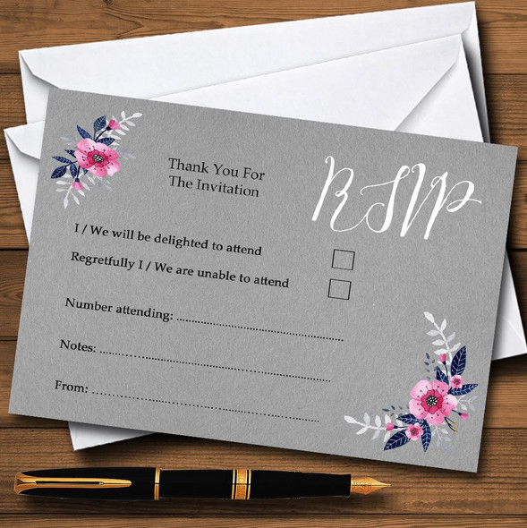 Rustic Vintage Watercolour Navy Blue & Silver Personalized RSVP Cards