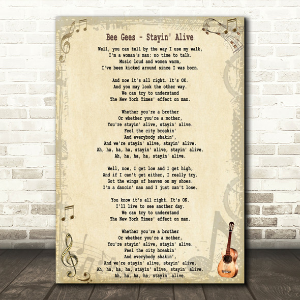 Bee Gees Stayin' Alive Song Lyric Quote Print