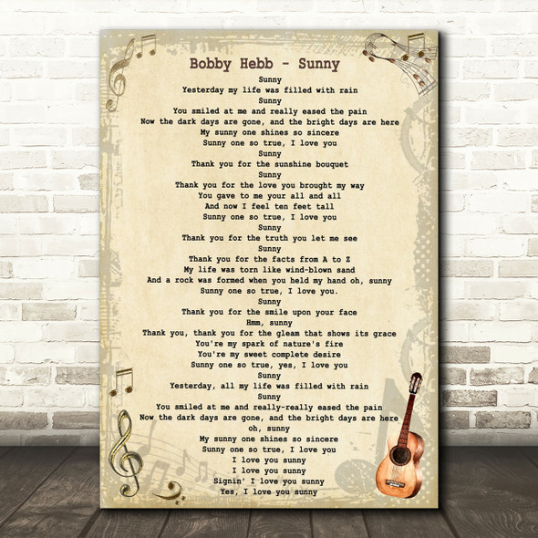 Bobby Hebb Sunny Vintage Guitar Song Lyric Quote Print