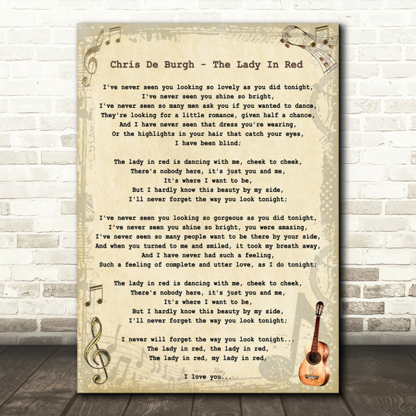 Chris De Burgh - The Lady In Red Song Lyric Guitar Quote Print