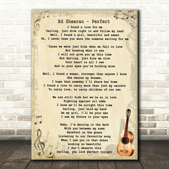 Ed Sheeran Perfect Song Lyric Vintage Quote Print