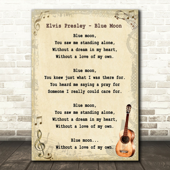 Elvis Presley Blue Moon Song Lyric Vintage Quote Print