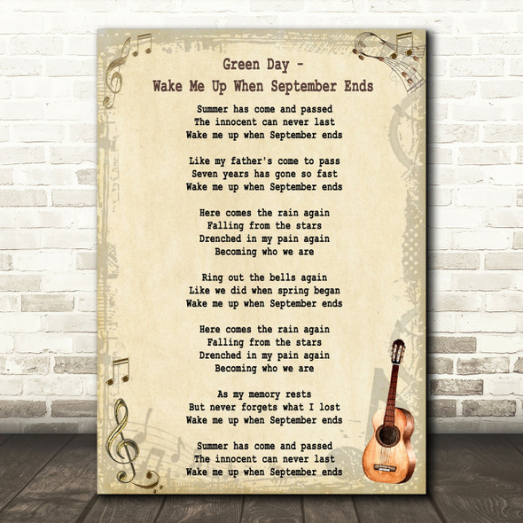 Green Day Wake Me Up When September Ends Song Lyric Vintage Quote Print