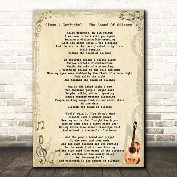 Simon & Garfunkel - The Sound Of Silence Song Lyric Guitar Quote Print